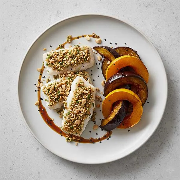 Kaffir Lime & Peanut Gremolata Fish With Soya-Glazed Eggplant & Squash